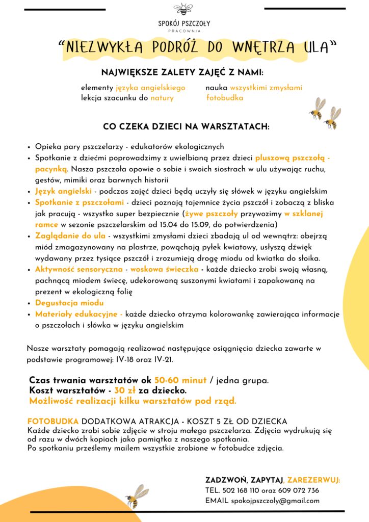 warsztaty ekologiczne o pszczołach, warsztatay o pszczołach dla dzieci, warsztaty ekologiczne dla dorosłych, spokoj pszczoły